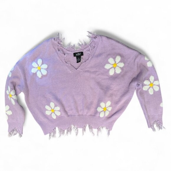 Just Polly New York Distressed Flower Sweater Lavender Size Large L Boho Chic - Picture 2 of 7